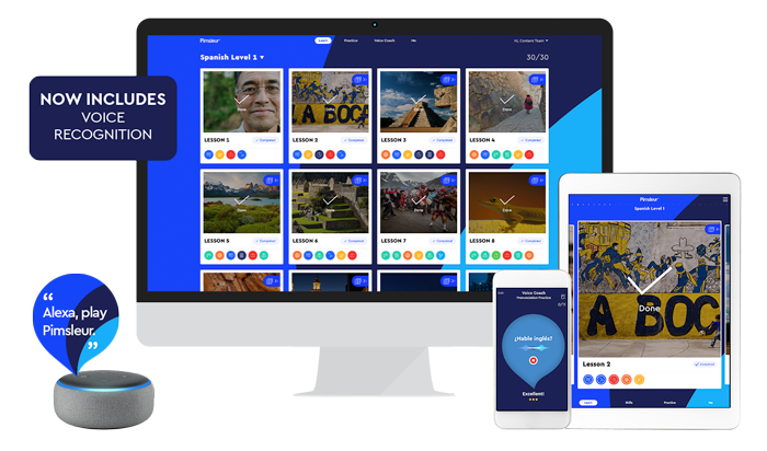 learning spanish with pimsleur app, mobile, laptop, tablet and alexa
